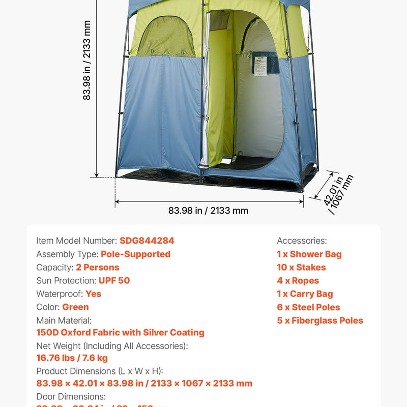 VEVOR kempinga dušas telts ar 2 nodalījumiem, pārnēsājama privātuma telts ar dušas maisu, mietiņiem, stiprinājuma virvēm, pārnēsāšanas somu un atbalsta stieņiem, 150D Oksfordas audums ar sudraba pārklājumu, piemērota kempingam un makšķerēšanai