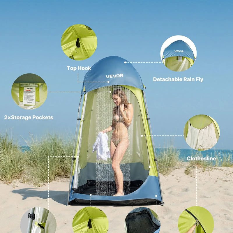 VEVOR kempinga dušas telts ar 1 nodalījumu, pārnēsājama privātuma telts pārģērbšanai ar mietiņiem, stiprinājuma virvēm, pārnēsāšanas somu un tērauda stieņiem, 200D Oksfordas audums ar sudraba pārklājumu, piemērota kempingam, pludmalei un makšķerēšanai