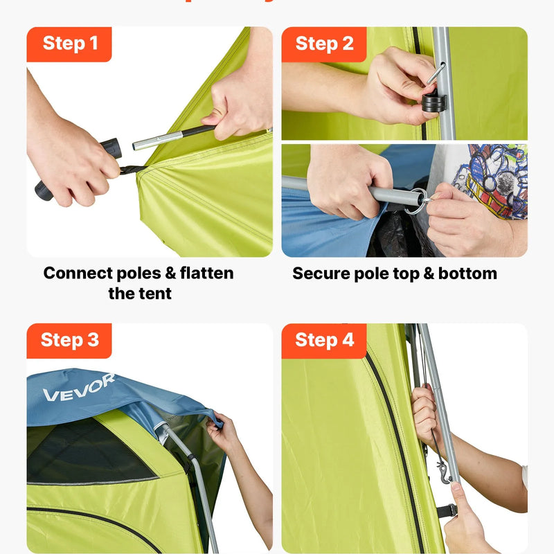 VEVOR kempinga dušas telts ar 1 nodalījumu, pārnēsājama privātuma telts pārģērbšanai ar mietiņiem, stiprinājuma virvēm, pārnēsāšanas somu un tērauda stieņiem, 200D Oksfordas audums ar sudraba pārklājumu, piemērota kempingam, pludmalei un makšķerēšanai