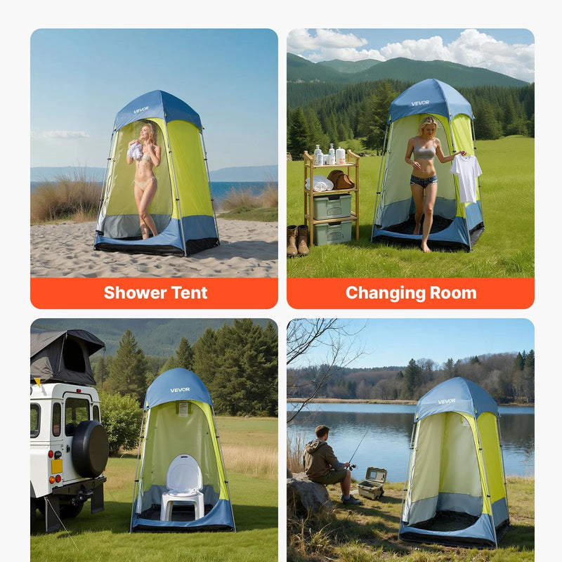 VEVOR kempinga dušas telts ar 1 nodalījumu, pārnēsājama privātuma telts pārģērbšanai ar mietiņiem, stiprinājuma virvēm, pārnēsāšanas somu un tērauda stieņiem, 200D Oksfordas audums ar sudraba pārklājumu, piemērota kempingam, pludmalei un makšķerēšanai