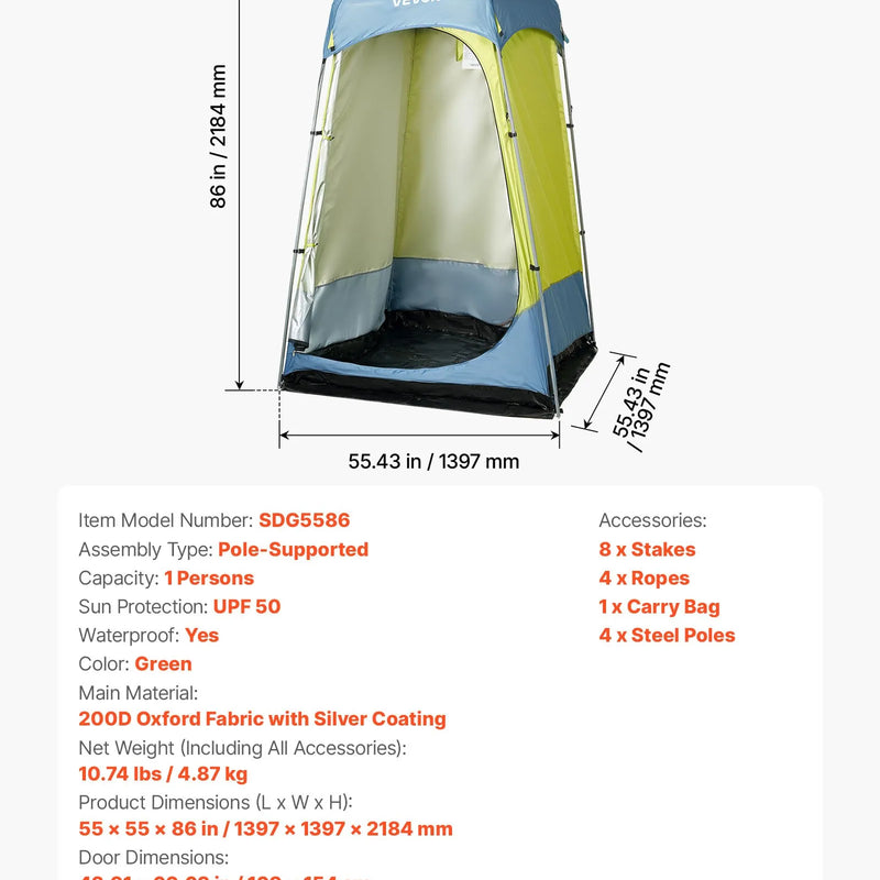 VEVOR kempinga dušas telts ar 1 nodalījumu, pārnēsājama privātuma telts pārģērbšanai ar mietiņiem, stiprinājuma virvēm, pārnēsāšanas somu un tērauda stieņiem, 200D Oksfordas audums ar sudraba pārklājumu, piemērota kempingam, pludmalei un makšķerēšanai