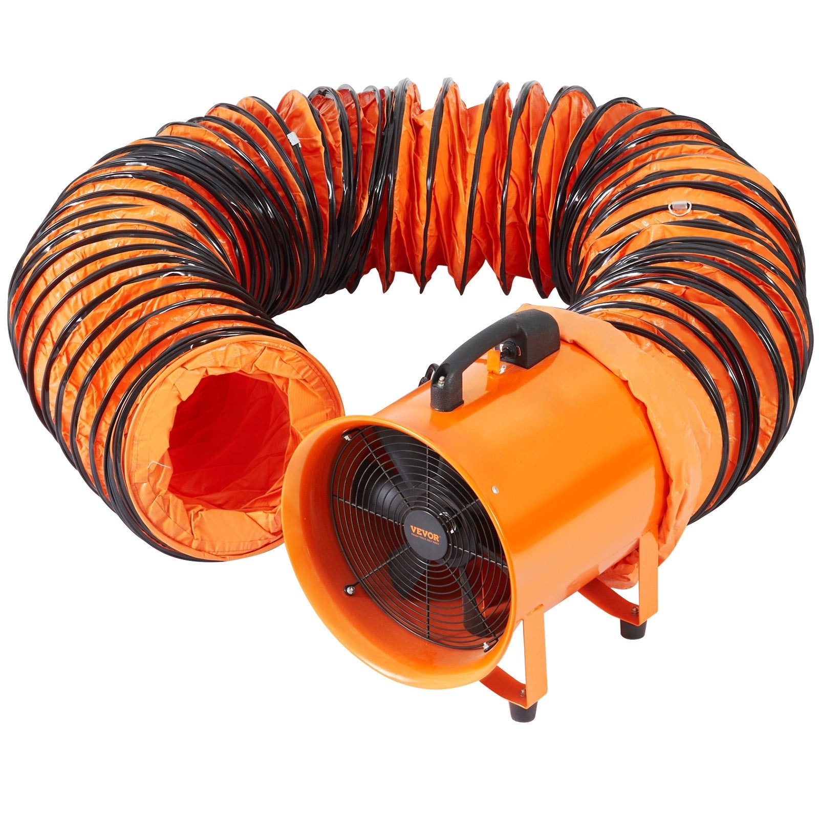 ChatGPT saka:  VEVOR 40,6 cm pārnēsājamais ventilators, 2 ātrumu, 8790 m³/h jaudīgs rūpnieciskais aksiālais ventilators ar 5 m elastīgo gaisa vadu, piemērots pagrabiem, darbnīcām un noliktavām, oranžs