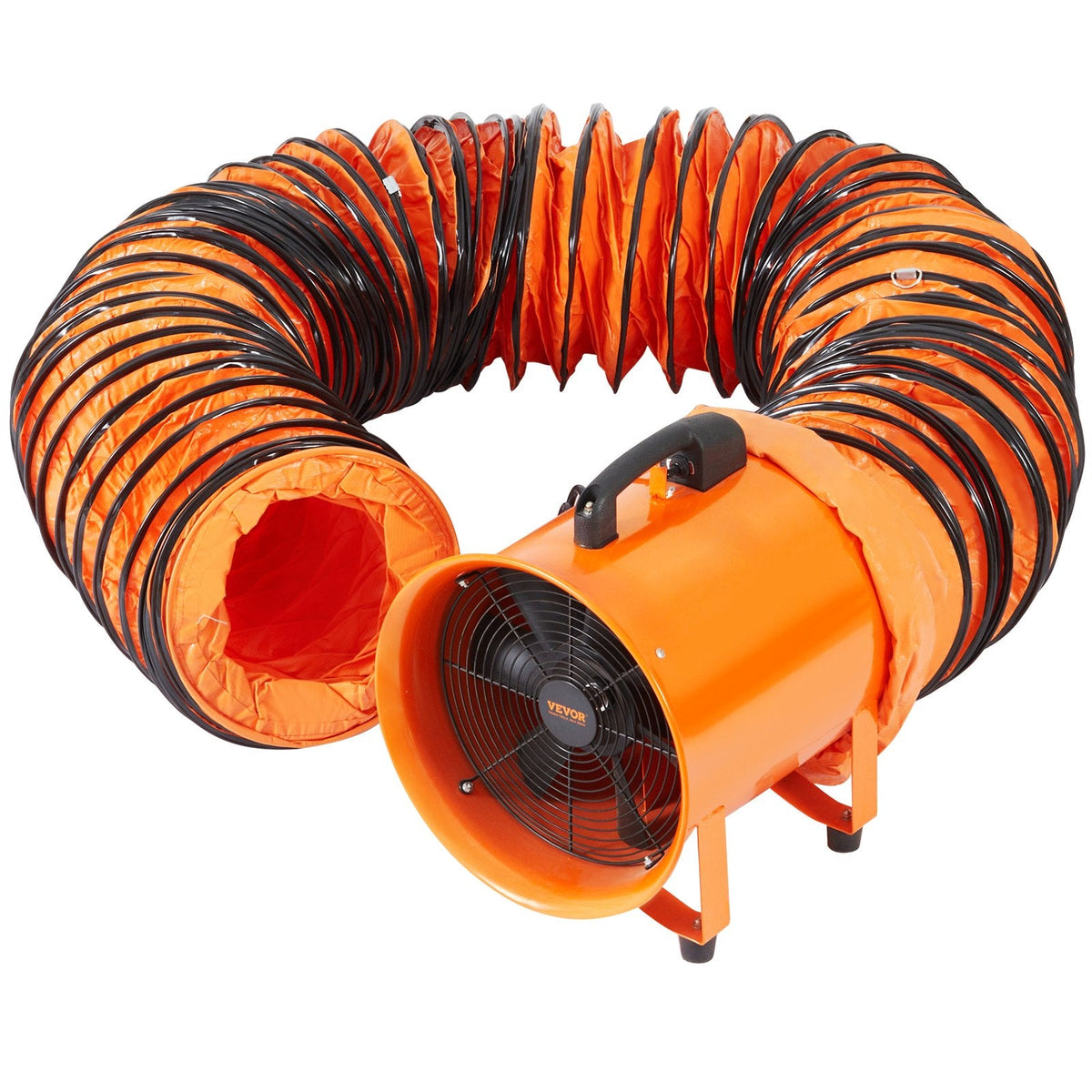 ChatGPT saka:  VEVOR 40,6 cm pārnēsājamais ventilators, 2 ātrumu, 8790 m³/h jaudīgs rūpnieciskais aksiālais ventilators ar 5 m elastīgo gaisa vadu, piemērots pagrabiem, darbnīcām un noliktavām, oranžs