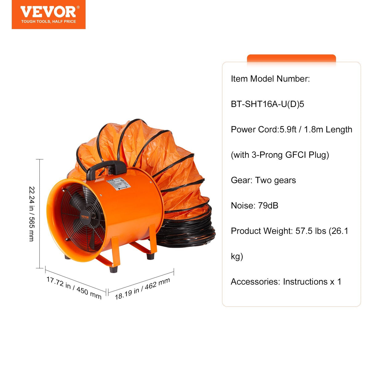 ChatGPT saka:  VEVOR 40,6 cm pārnēsājamais ventilators, 2 ātrumu, 8790 m³/h jaudīgs rūpnieciskais aksiālais ventilators ar 5 m elastīgo gaisa vadu, piemērots pagrabiem, darbnīcām un noliktavām, oranžs