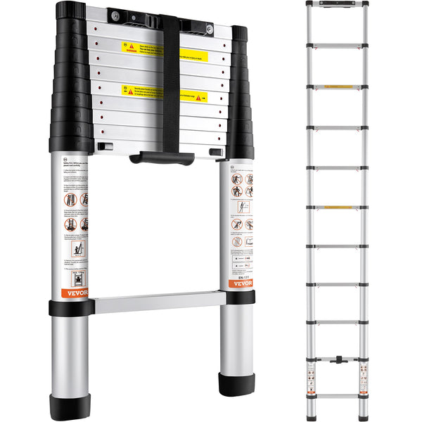 VEVOR teleskopiskās kāpnes, 3,2 m, alumīnija, ar vienas pogas ievilkšanu, salokāmas izbīdāmās kāpnes, 170 kg slodze, ar neslīdošām kājām, pārnēsājamas, daudzfunkcionālas, kompaktas – piemērotas mājai, kemperim, bēniņiem, ANSI sertificētas