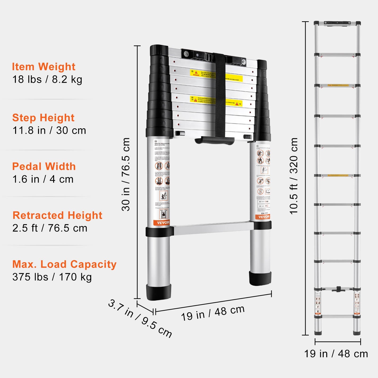 VEVOR teleskopiskās kāpnes, 3,2 m, alumīnija, ar vienas pogas ievilkšanu, salokāmas izbīdāmās kāpnes, 170 kg slodze, ar neslīdošām kājām, pārnēsājamas, daudzfunkcionālas, kompaktas – piemērotas mājai, kemperim, bēniņiem, ANSI sertificētas