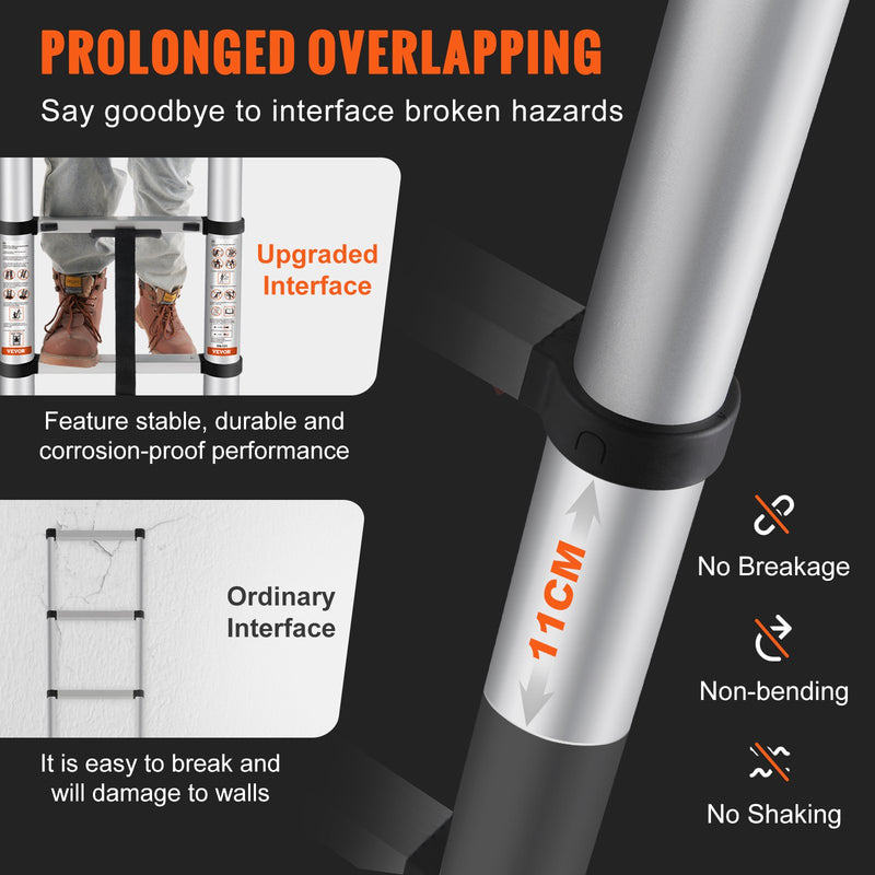 VEVOR 3.8m teleskopiskās kāpnes, alumīnija pagarinājuma solis, līdz 170kg svaram, daudzfunkcionālAs pārnēsājamas