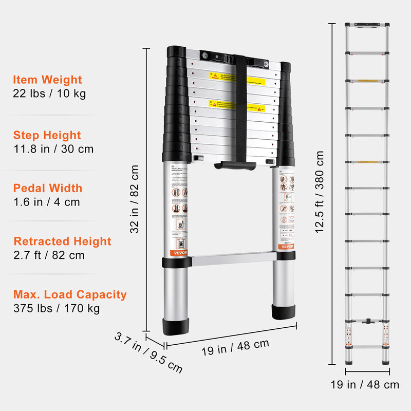 VEVOR 3.8m teleskopiskās kāpnes, alumīnija pagarinājuma solis, līdz 170kg svaram, daudzfunkcionālAs pārnēsājamas