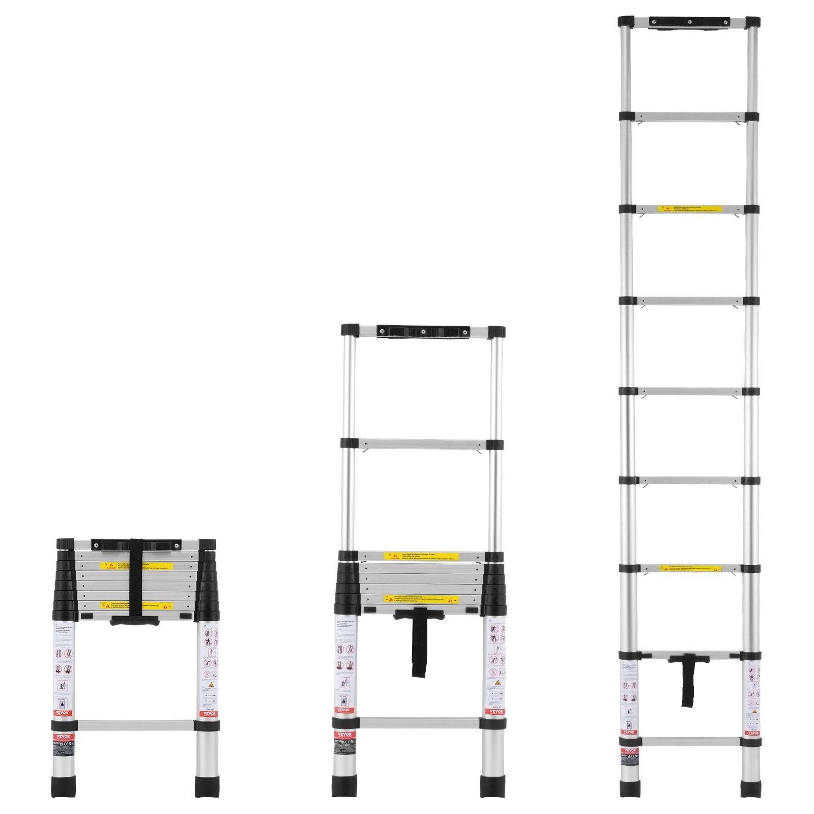 VEVOR teleskopiskās izbīdāmās kāpnes, 2,6 m, ar vienas pogas ievilkšanu, 170 kg slodze