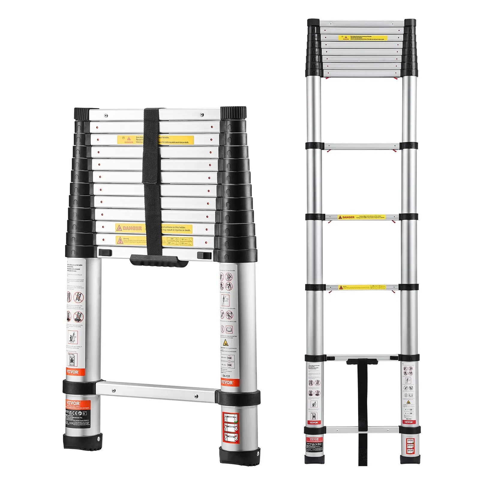 VEVOR 3,8 m teleskopiskā alumīnija kāpne, viegla daudzfunkcionāla salokāma pagarināmā kāpne ar vienpieskāriena nolaišanas mehānismu, maksimālā slodze 150 kg, ar neslīdošām kājām, piemērota mājai, āra darbiem un bēniņiem