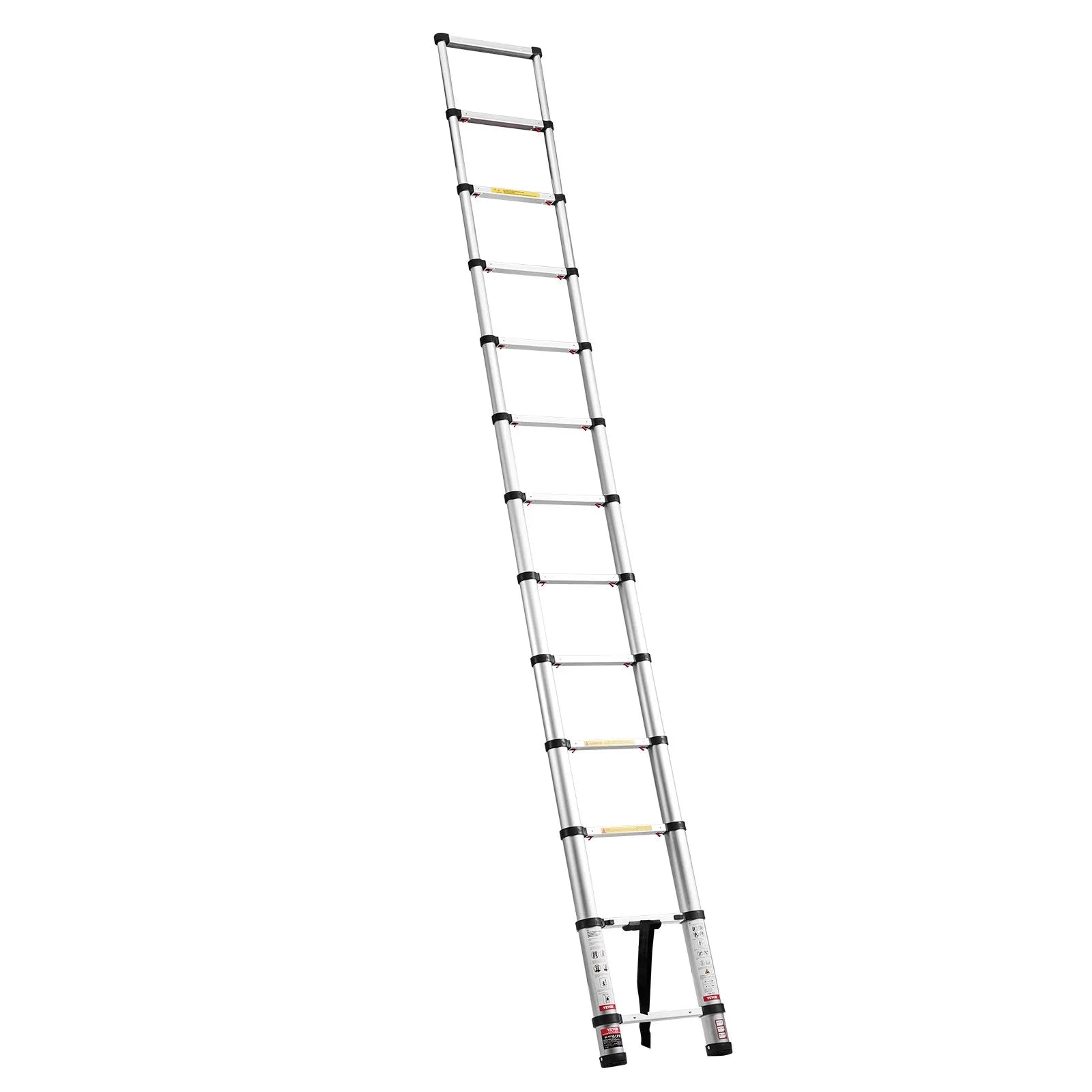 VEVOR 3,8 m teleskopiskā alumīnija kāpne, viegla daudzfunkcionāla salokāma pagarināmā kāpne ar vienpieskāriena nolaišanas mehānismu, maksimālā slodze 150 kg, ar neslīdošām kājām, piemērota mājai, āra darbiem un bēniņiem
