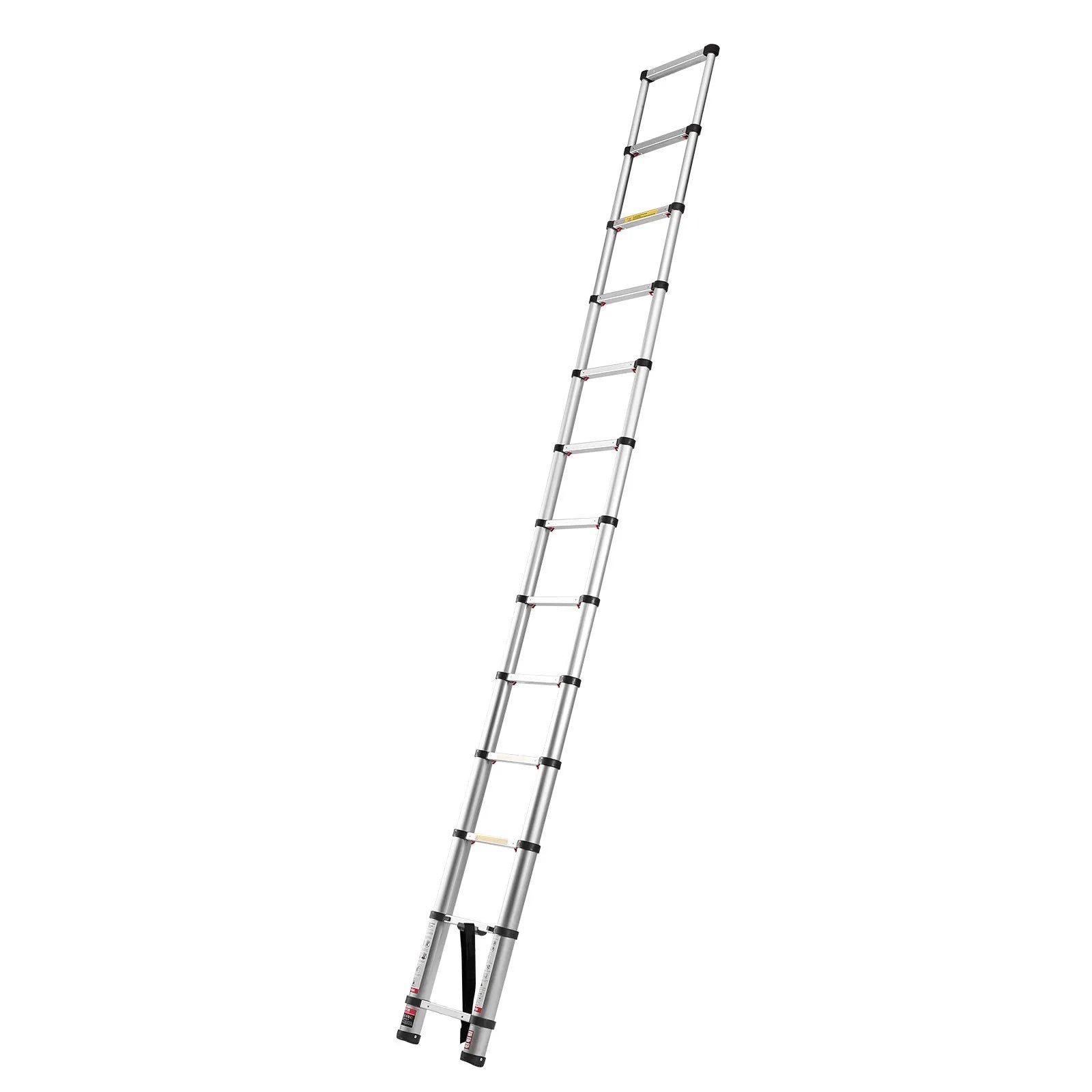 VEVOR 3,8 m teleskopiskā alumīnija kāpne, viegla daudzfunkcionāla salokāma pagarināmā kāpne ar vienpieskāriena nolaišanas mehānismu, maksimālā slodze 150 kg, ar neslīdošām kājām, piemērota mājai, āra darbiem un bēniņiem