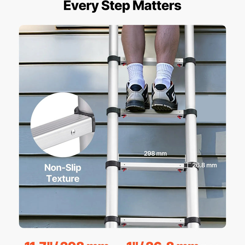 VEVOR 3,8 m teleskopiskā alumīnija kāpne, viegla daudzfunkcionāla salokāma pagarināmā kāpne ar vienpieskāriena nolaišanas mehānismu, maksimālā slodze 150 kg, ar neslīdošām kājām, piemērota mājai, āra darbiem un bēniņiem