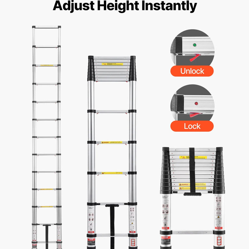VEVOR 3,8 m teleskopiskā alumīnija kāpne, viegla daudzfunkcionāla salokāma pagarināmā kāpne ar vienpieskāriena nolaišanas mehānismu, maksimālā slodze 150 kg, ar neslīdošām kājām, piemērota mājai, āra darbiem un bēniņiem