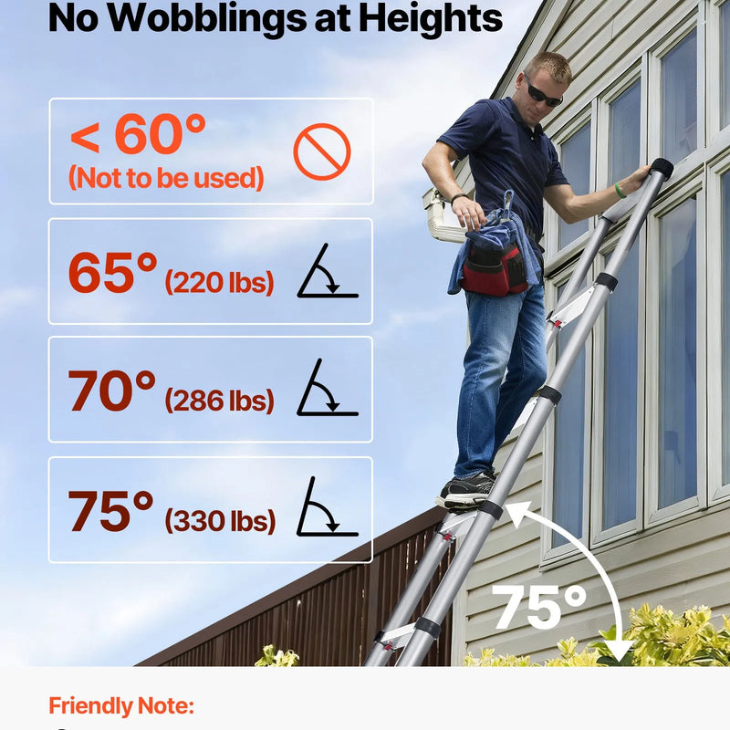 VEVOR 3,8 m teleskopiskā alumīnija kāpne, viegla daudzfunkcionāla salokāma pagarināmā kāpne ar vienpieskāriena nolaišanas mehānismu, maksimālā slodze 150 kg, ar neslīdošām kājām, piemērota mājai, āra darbiem un bēniņiem