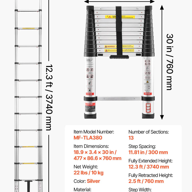 VEVOR 3,8 m teleskopiskā alumīnija kāpne, viegla daudzfunkcionāla salokāma pagarināmā kāpne ar vienpieskāriena nolaišanas mehānismu, maksimālā slodze 150 kg, ar neslīdošām kājām, piemērota mājai, āra darbiem un bēniņiem