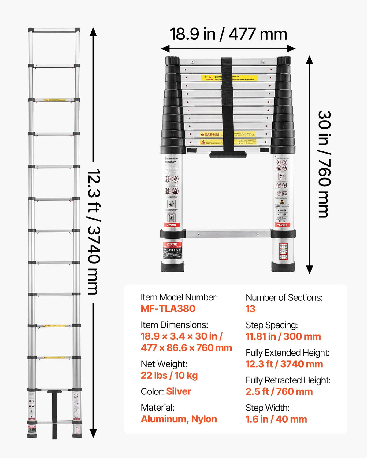 VEVOR 3,8 m teleskopiskā alumīnija kāpne, viegla daudzfunkcionāla salokāma pagarināmā kāpne ar vienpieskāriena nolaišanas mehānismu, maksimālā slodze 150 kg, ar neslīdošām kājām, piemērota mājai, āra darbiem un bēniņiem