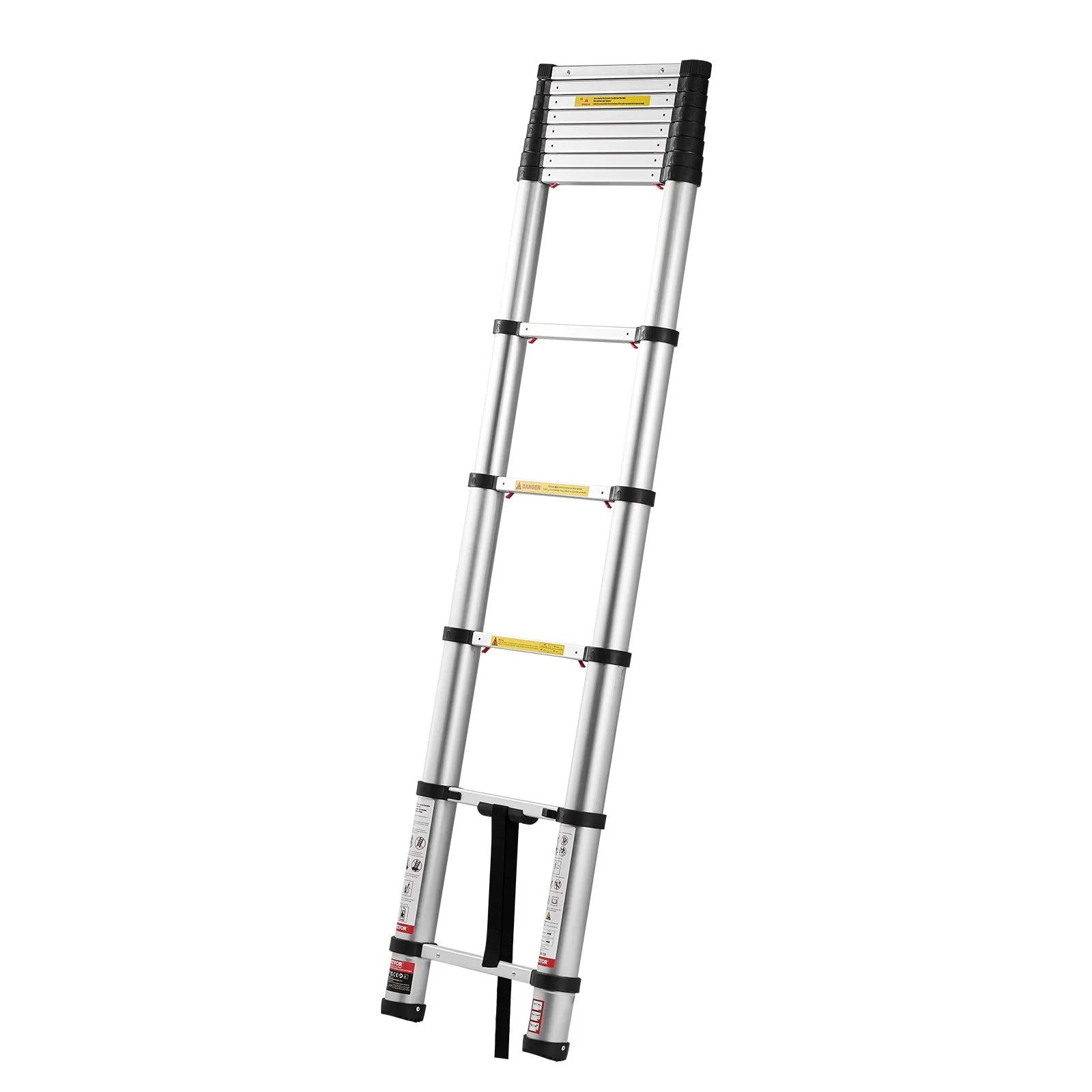 VEVOR 3,8 m teleskopiskā alumīnija kāpne, viegla daudzfunkcionāla salokāma pagarināmā kāpne ar vienpieskāriena nolaišanas mehānismu, maksimālā slodze 150 kg, ar neslīdošām kājām, piemērota mājai, āra darbiem un bēniņiem