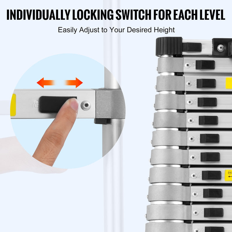 VEVOR teleskopiskā kāpne, 6,2 m alumīnija vieglā izvelkamā kāpne, salokāma ar daudzpogu atvilkšanas mehānismu, nestspēja 190 kg, neslīdoši kāju gali, pārnēsājama un kompaktā mājas, RV vai bēniņu lietošanai