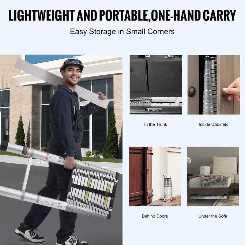 VEVOR teleskopiskā kāpne, 6,2 m alumīnija vieglā izvelkamā kāpne, salokāma ar daudzpogu atvilkšanas mehānismu, nestspēja 190 kg, neslīdoši kāju gali, pārnēsājama un kompaktā mājas, RV vai bēniņu lietošanai