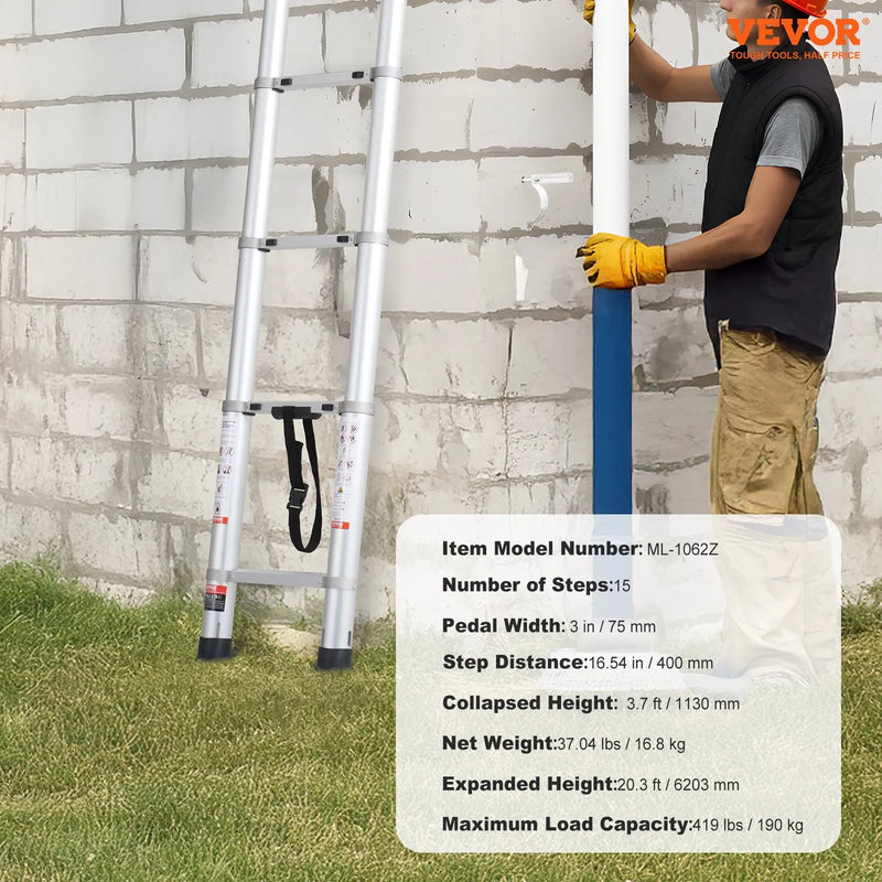 VEVOR teleskopiskā kāpne, 6,2 m alumīnija vieglā izvelkamā kāpne, salokāma ar daudzpogu atvilkšanas mehānismu, nestspēja 190 kg, neslīdoši kāju gali, pārnēsājama un kompaktā mājas, RV vai bēniņu lietošanai