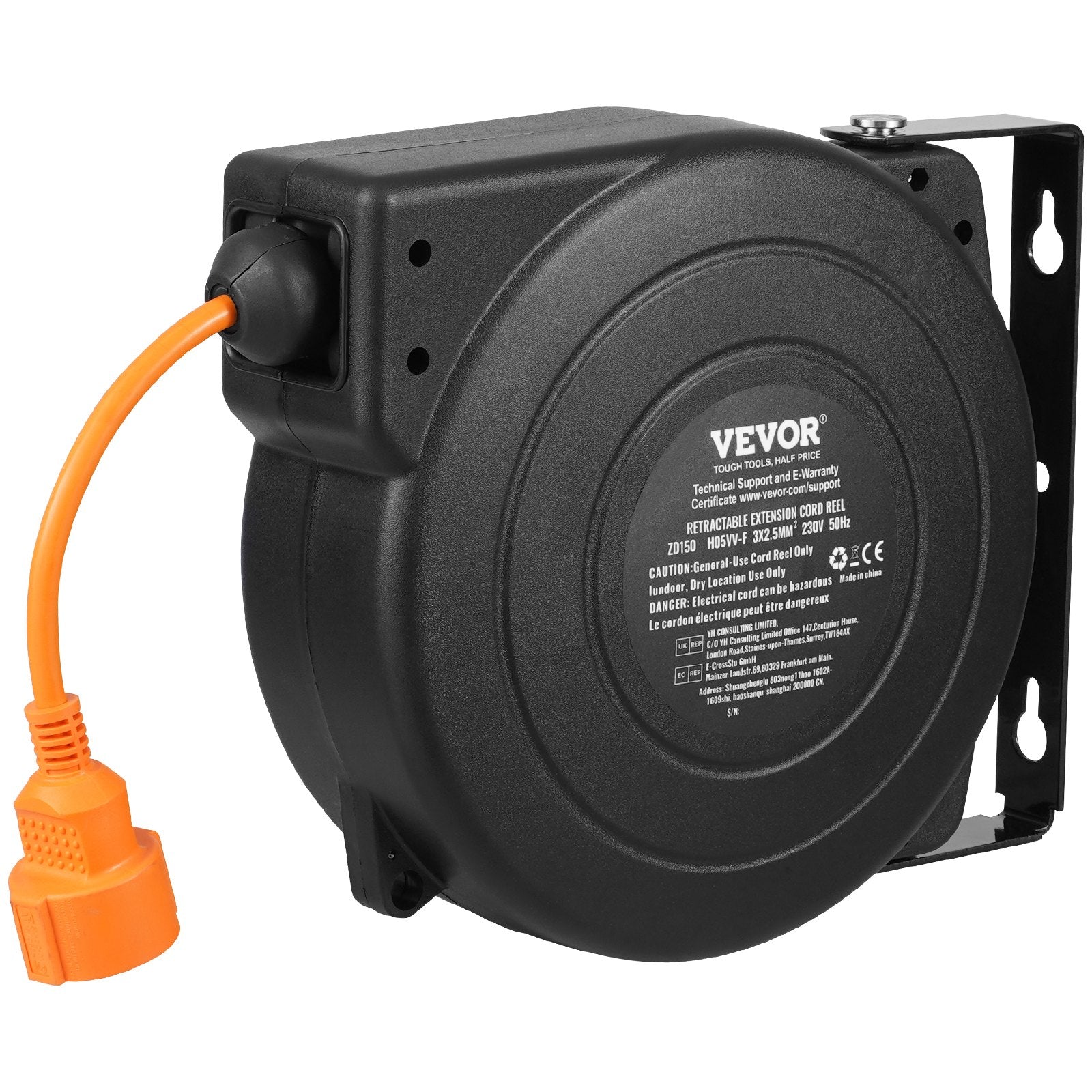 VEVOR 1600W automatically retractable extension cord with 15 m power cord, 1 m input cord
