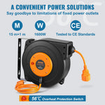 VEVOR 1600W automatically retractable extension cord with 15 m power cord, 1 m input cord