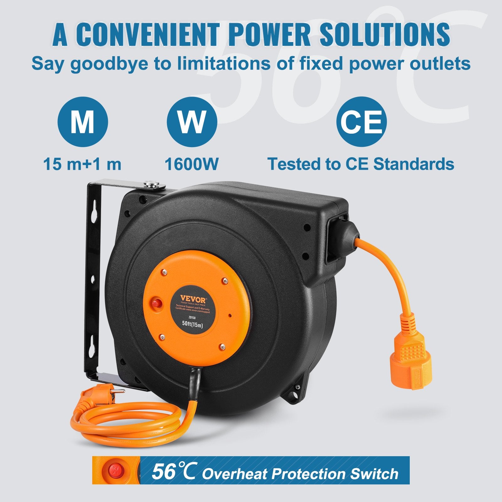VEVOR 1600W automatically retractable extension cord with 15 m power cord, 1 m input cord