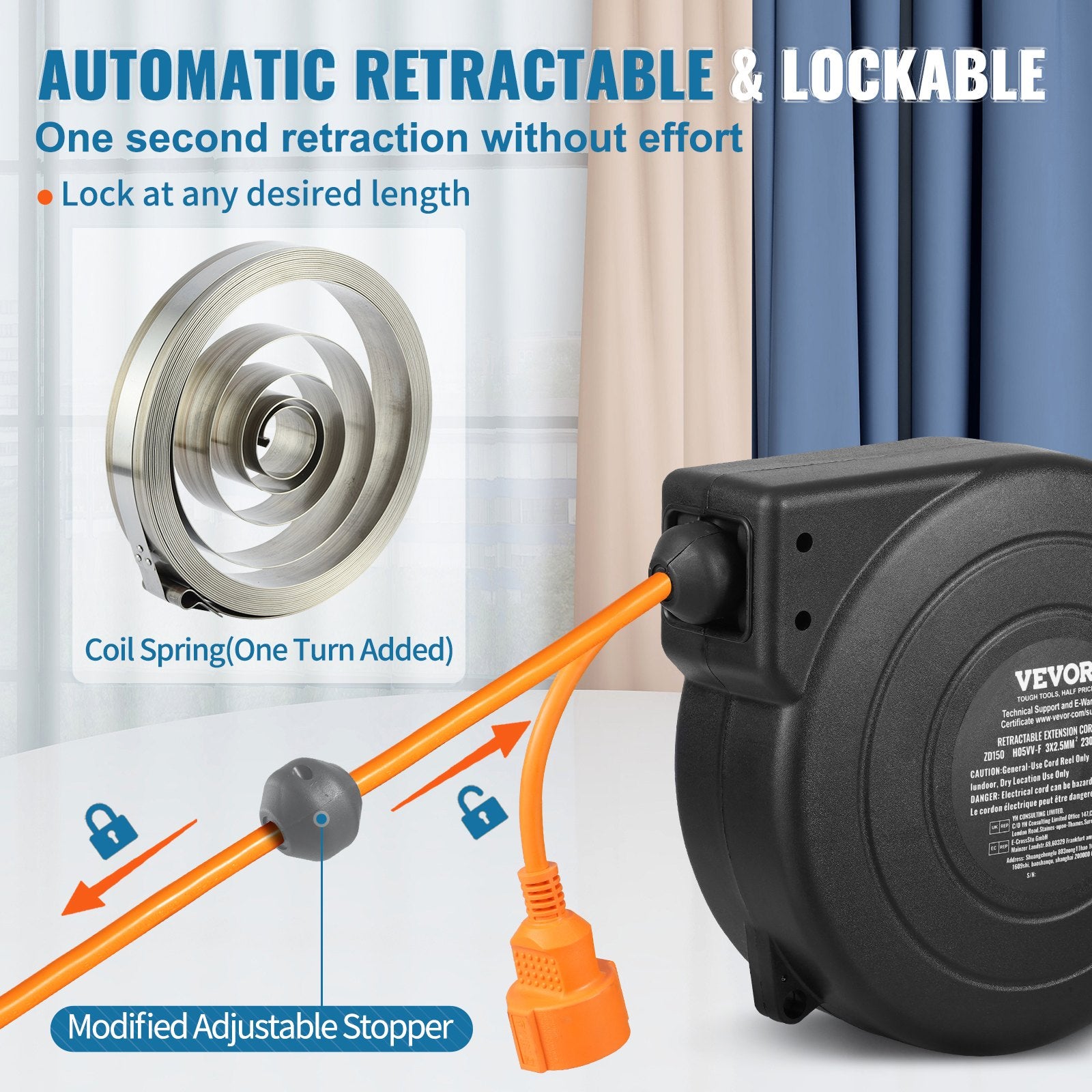 VEVOR 1600W automatically retractable extension cord with 15 m power cord, 1 m input cord