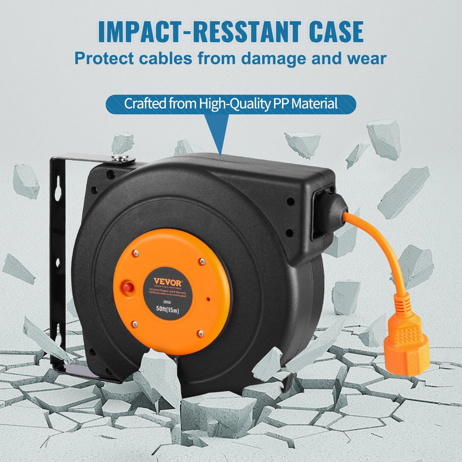 VEVOR 1600W automatically retractable extension cord with 15 m power cord, 1 m input cord
