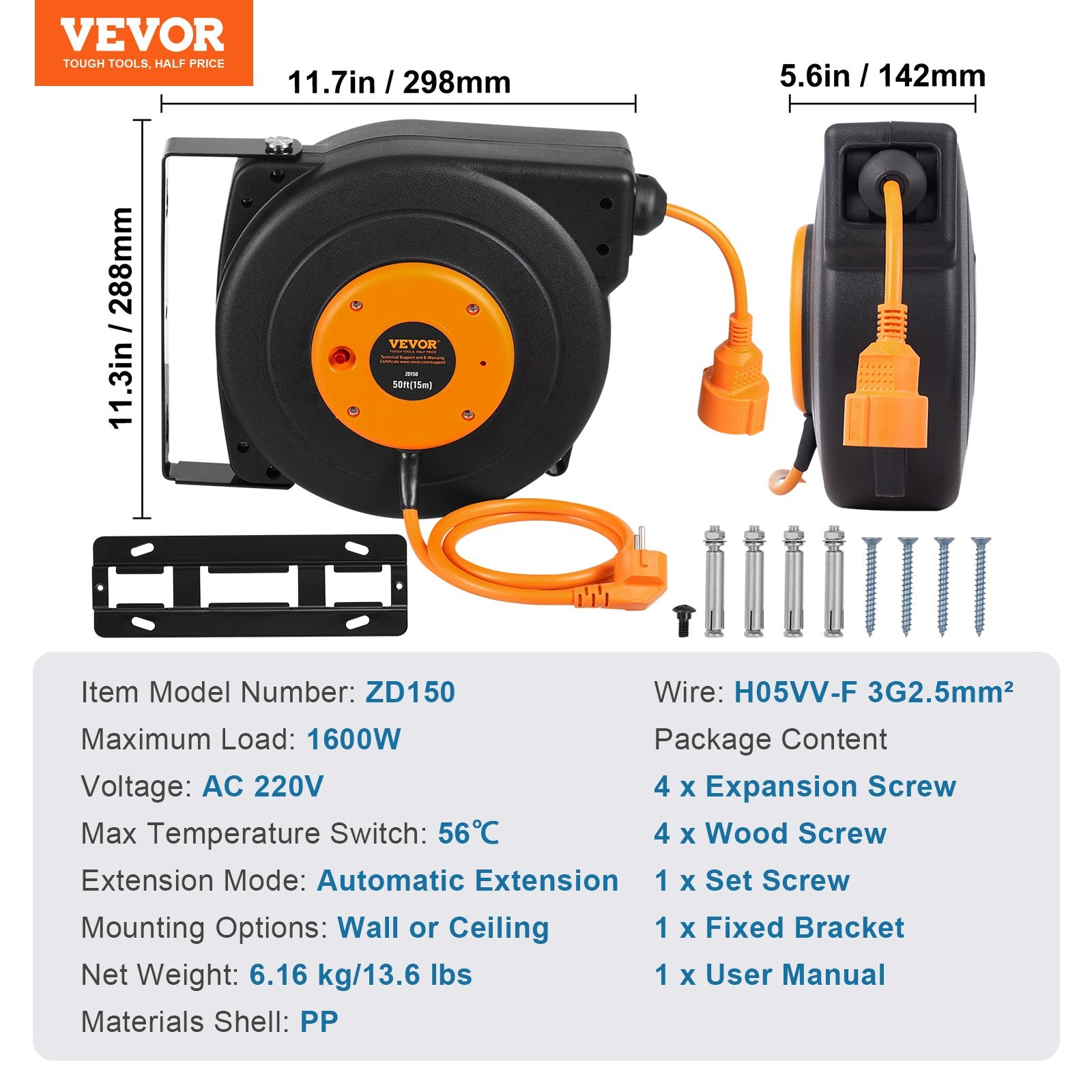 VEVOR 1600W automatically retractable extension cord with 15 m power cord, 1 m input cord