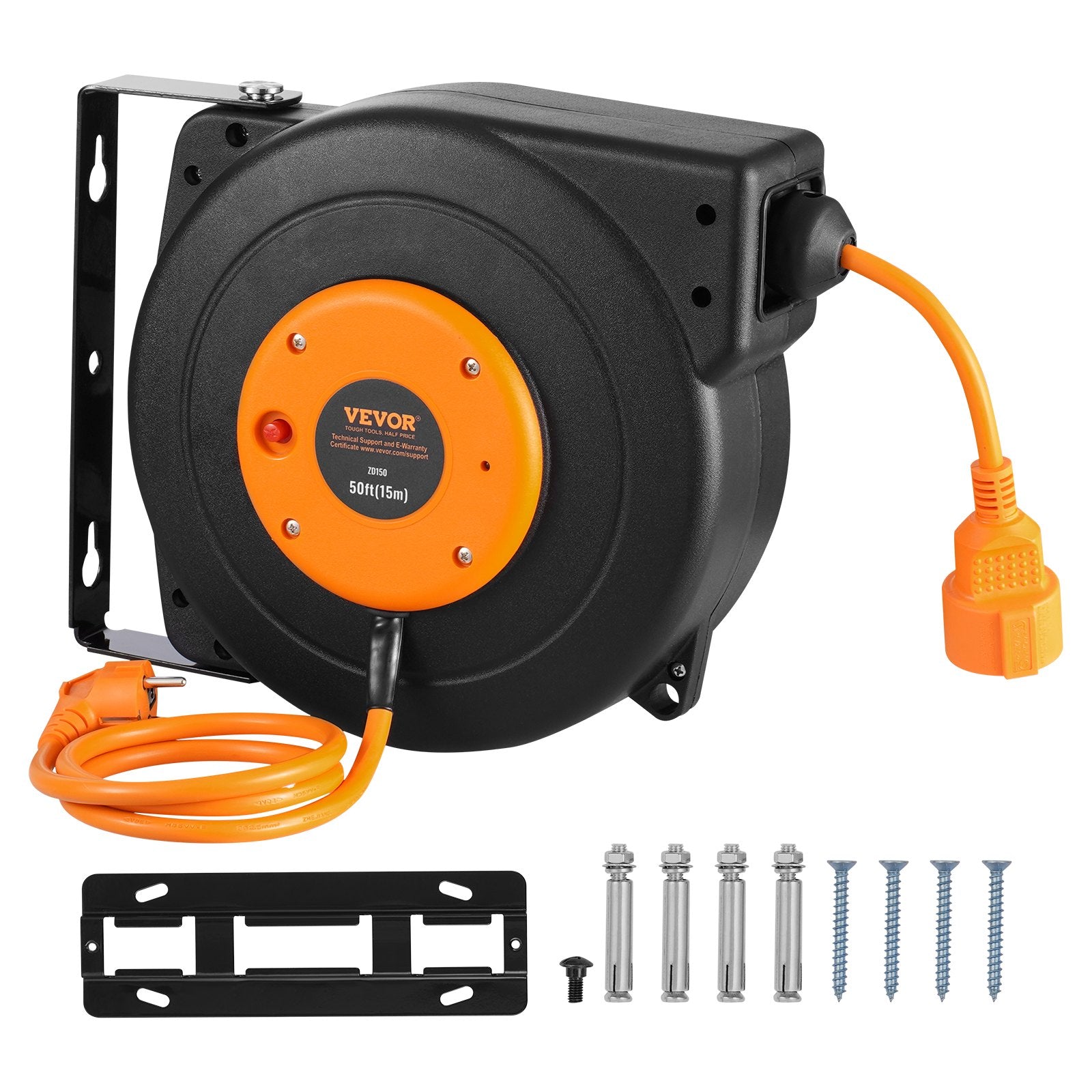 VEVOR 1600W automatically retractable extension cord with 15 m power cord, 1 m input cord
