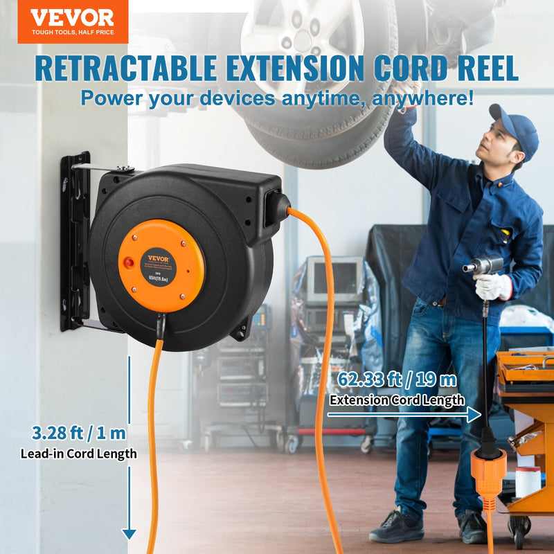VEVOR 1000W automātiski ievelkama pagarinātāja spole ar 19 m strāvas vadu, 1 m ievadvads