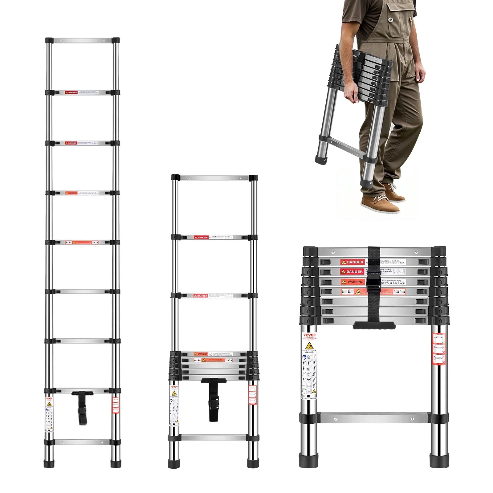 VEVOR teleskopiskās kāpnes 2540 mm no nerūsējošā tērauda, 9 pakāpienu izvelkamas kāpnes ar daudzpakāpju salocīšanas mehānismu, celtspēja 150 kg, neslīdošas kājiņas, vieglas un pārnēsājamas, piemērotas mājai, kemperim un loftam