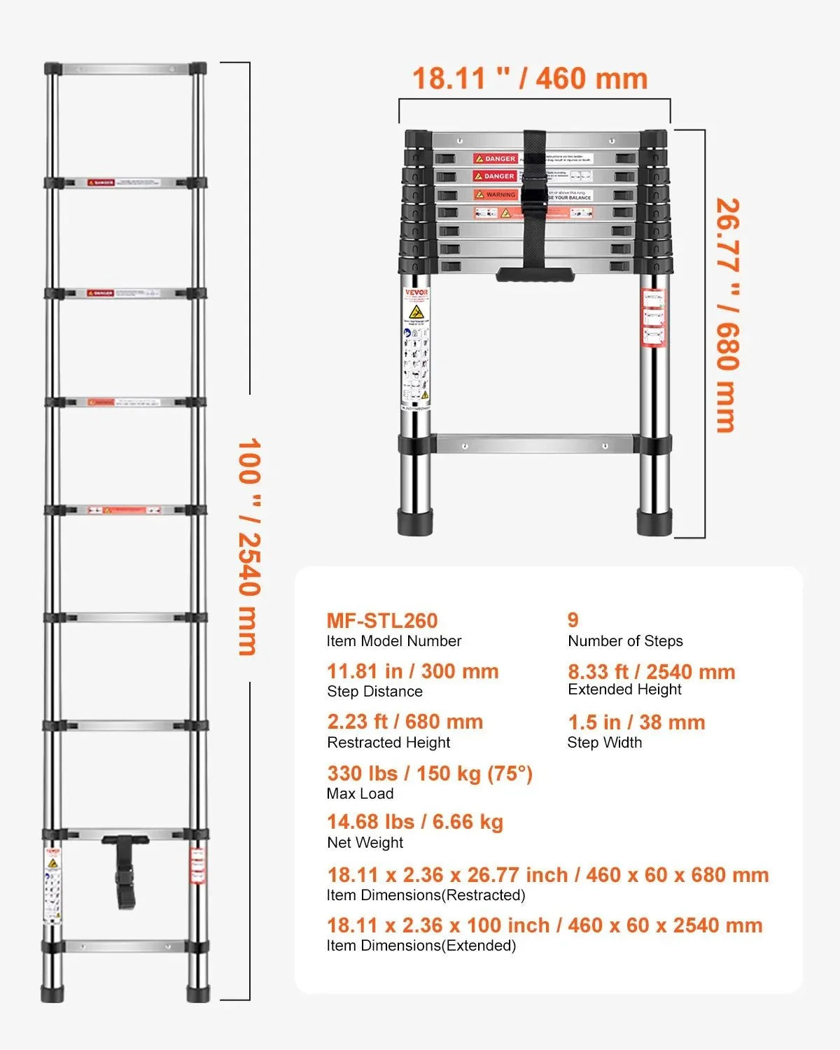 VEVOR teleskopiskās kāpnes 2540 mm no nerūsējošā tērauda, 9 pakāpienu izvelkamas kāpnes ar daudzpakāpju salocīšanas mehānismu, celtspēja 150 kg, neslīdošas kājiņas, vieglas un pārnēsājamas, piemērotas mājai, kemperim un loftam