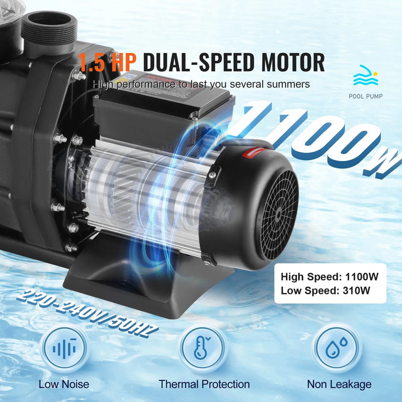 VEVOR virszemes baseina sūknis, 1100 W, 220–240 V, divu ātrumu 1450/2860 apgr./min, maksimālā plūsma 27 800 l/h, energoefektīvs baseina sūknis ar CE sertifikāciju