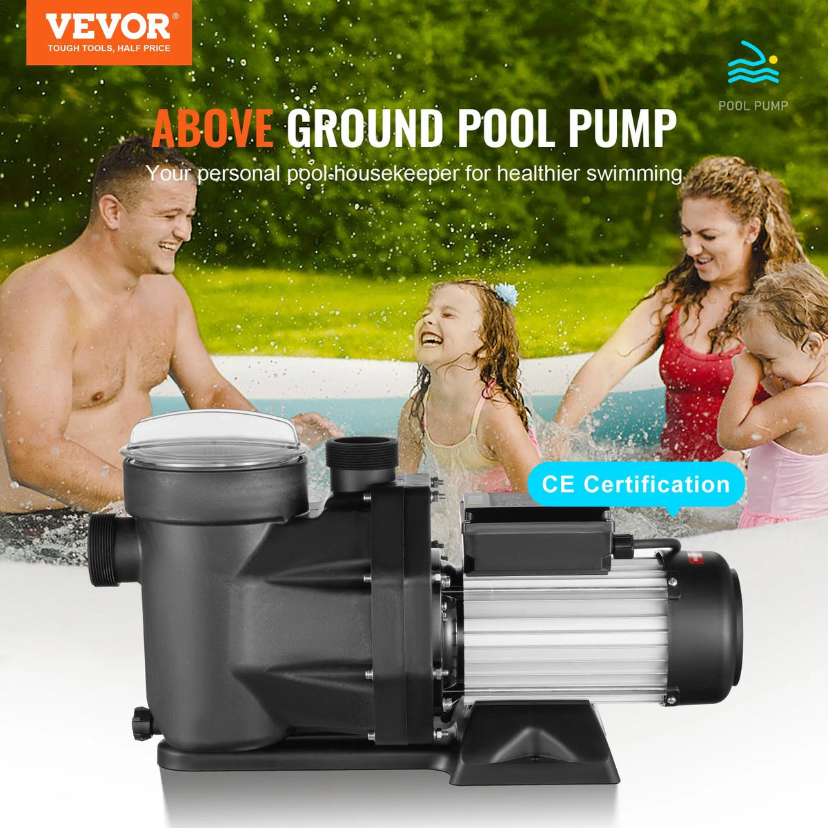 VEVOR virszemes baseina sūknis 1500 W (2 ZS), 220–240 V, divu ātrumu 1450/2860 apgr./min, plūsma līdz 33 000 l/h, energoefektīvs peldbaseina sūknis, CE sertifikācija