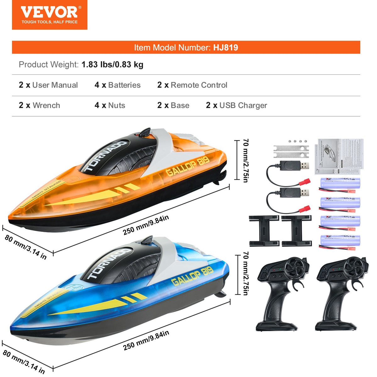 VEVOR 2 gab. RC laiva – 2.4 GHz tālvadības sacīkšu laiva, 12 km/h, bērniem un pieaugušajiem, dāvana
