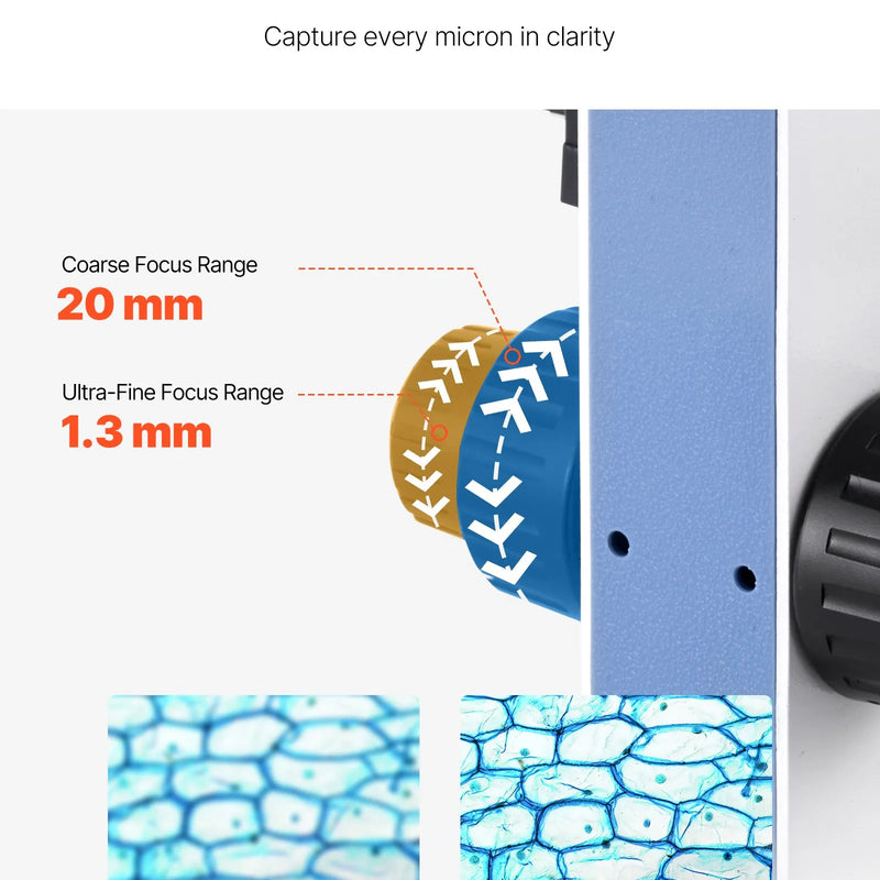 VEVOR binokulārais mikroskops pieaugušajiem, profesionāls saliktais mikroskopa komplekts ar 40–5000× palielinājumu, divslāņu paraugu galdu un diviem okulāru komplektiem, alumīnija sakausējuma korpusu, LED apgaismojumu un tālruņa turētāju