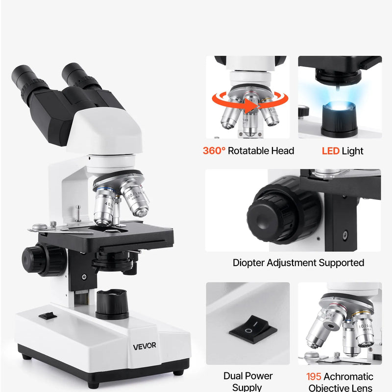 VEVOR binokulārais mikroskops pieaugušajiem, profesionāls saliktais mikroskopa komplekts ar 40–5000× palielinājumu, divslāņu paraugu galdu un diviem okulāru komplektiem, alumīnija sakausējuma korpusu, LED apgaismojumu un tālruņa turētāju