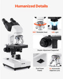 VEVOR binokulārais mikroskops pieaugušajiem, profesionāls saliktais mikroskopa komplekts ar 40–5000× palielinājumu, divslāņu paraugu galdu un diviem okulāru komplektiem, alumīnija sakausējuma korpusu, LED apgaismojumu un tālruņa turētāju
