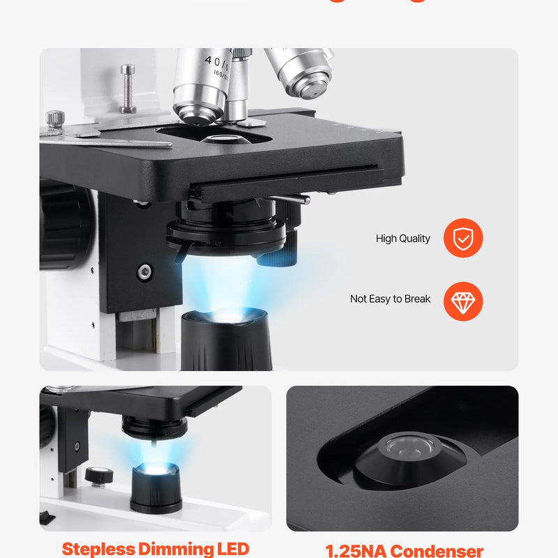 VEVOR binokulārais mikroskops pieaugušajiem, profesionāls saliktais mikroskopa komplekts ar 40–5000× palielinājumu, divslāņu paraugu galdu un diviem okulāru komplektiem, alumīnija sakausējuma korpusu, LED apgaismojumu un tālruņa turētāju
