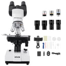 VEVOR binokulārais mikroskops pieaugušajiem, profesionāls saliktais mikroskopa komplekts ar 40–5000× palielinājumu, divslāņu paraugu galdu un diviem okulāru komplektiem, alumīnija sakausējuma korpusu, LED apgaismojumu un tālruņa turētāju