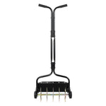 VEVOR zāliena aerators 45 cm manuāls stumjams ar 4 riteņiem un rokturi, ar iespēju pievienot līdz 18 kg svaru, izturīgs augsnes aerācijas instruments dārzam un zāliena kopšanai