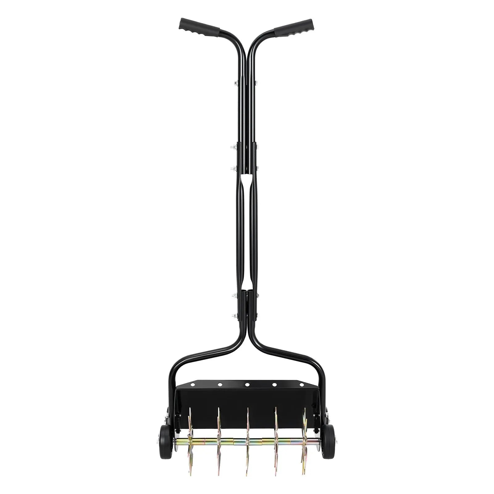 VEVOR zāliena aerators 45 cm manuāls stumjams ar 4 riteņiem un rokturi, ar iespēju pievienot līdz 18 kg svaru, izturīgs augsnes aerācijas instruments dārzam un zāliena kopšanai