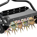 VEVOR zāliena aerators 45 cm manuāls stumjams ar 4 riteņiem un rokturi, ar iespēju pievienot līdz 18 kg svaru, izturīgs augsnes aerācijas instruments dārzam un zāliena kopšanai