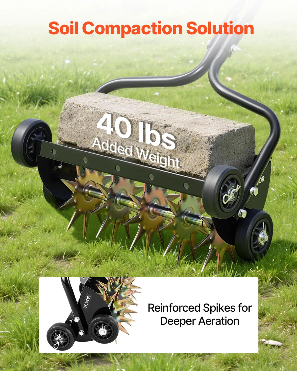 VEVOR zāliena aerators 45 cm manuāls stumjams ar 4 riteņiem un rokturi, ar iespēju pievienot līdz 18 kg svaru, izturīgs augsnes aerācijas instruments dārzam un zāliena kopšanai
