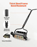 VEVOR zāliena aerators 45 cm manuāls stumjams ar 4 riteņiem un rokturi, ar iespēju pievienot līdz 18 kg svaru, izturīgs augsnes aerācijas instruments dārzam un zāliena kopšanai