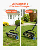 VEVOR zāliena aerators 45 cm manuāls stumjams ar 4 riteņiem un rokturi, ar iespēju pievienot līdz 18 kg svaru, izturīgs augsnes aerācijas instruments dārzam un zāliena kopšanai