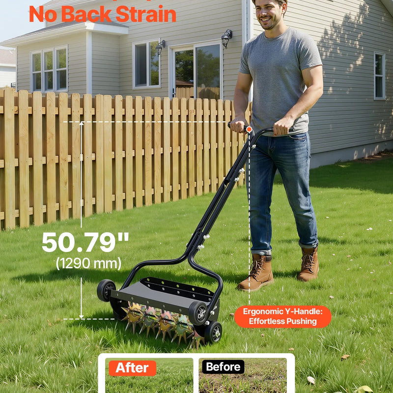 VEVOR zāliena aerators 45 cm manuāls stumjams ar 4 riteņiem un rokturi, ar iespēju pievienot līdz 18 kg svaru, izturīgs augsnes aerācijas instruments dārzam un zāliena kopšanai